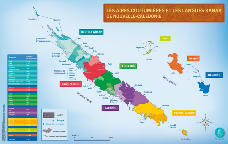 Carte des aires linguistiques et coutumières, établie par l’Académie des langues kanak (ALK) en 2015