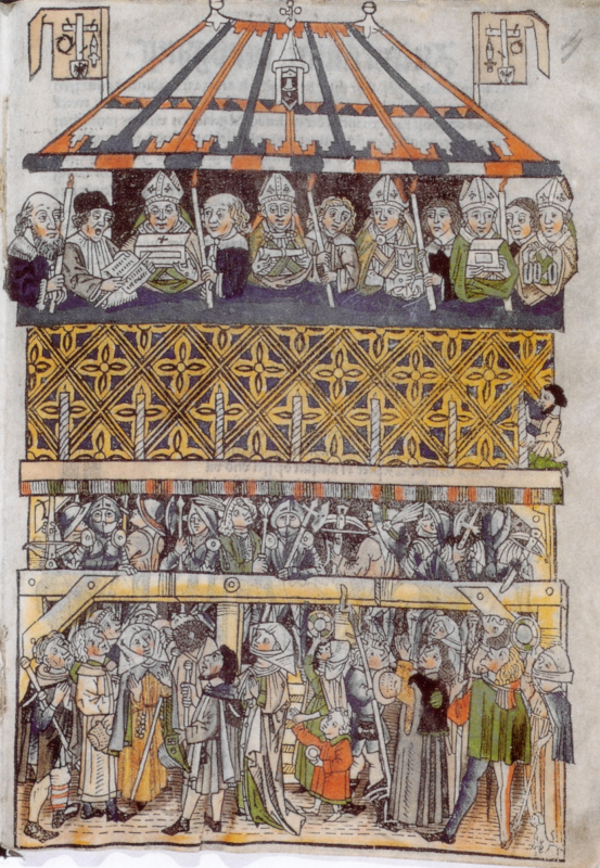 Fig. 2 Ostension des reliques de Nuremberg à la Maison Schopperschen, 1487, gravure sur bois, Staatsarchiv de Nuremberg, Rst. Nürnberg Handschriften 399a.